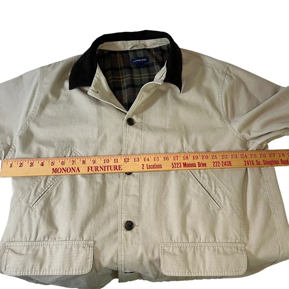 Lands End Mens XXL Barn Coat Canvas Field Jacket Khaki Plaid Removable Liner